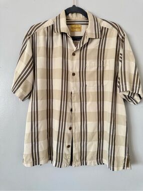 Tommy Bahama Men's M Striped Silk Blend Button Down Short Sleeve Camp Shirt
